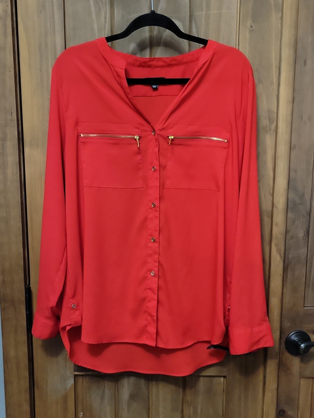 Women’s Red Button-Front Blouse with Zip Pockets